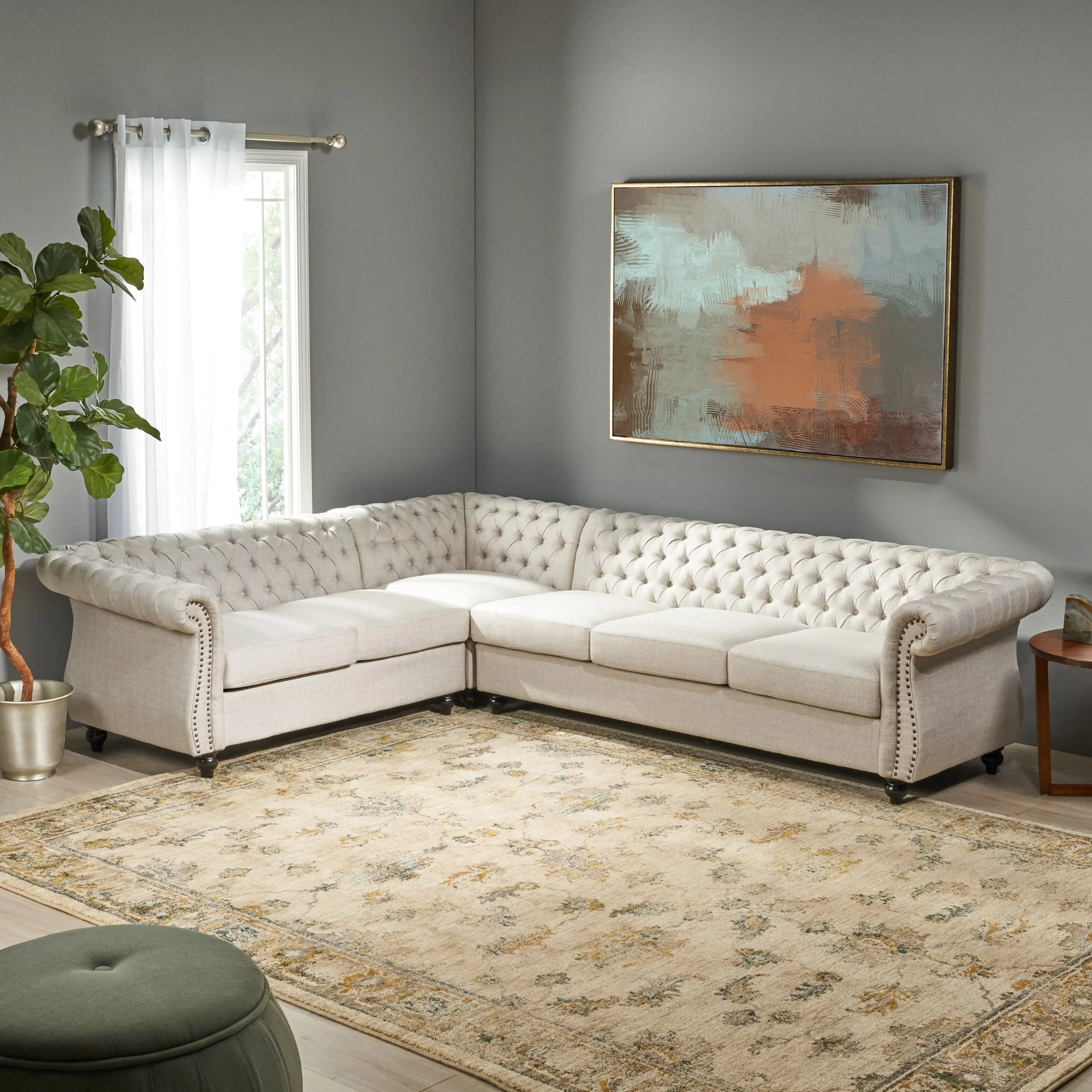 6 Seater Tufted Fabric Chesterfield Sectional - NH904013