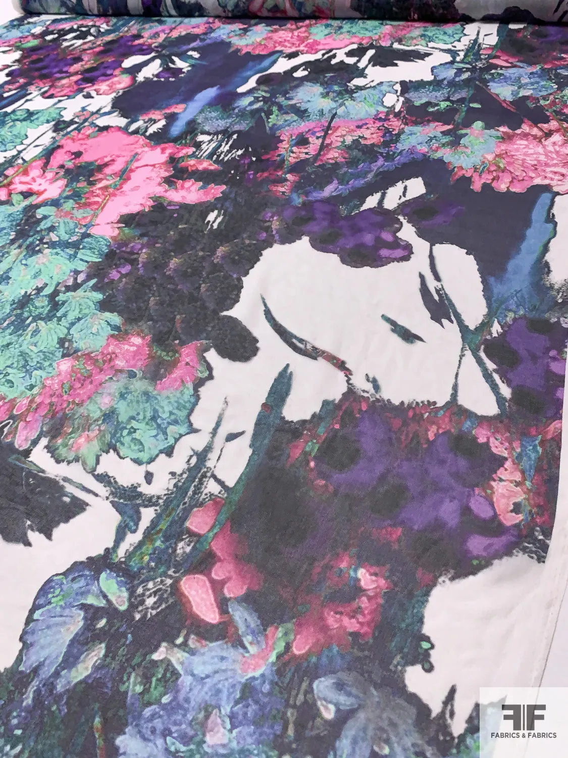 Abstract Floral Printed Silk Chiffon - Purple / Aqua Greens / Pinks