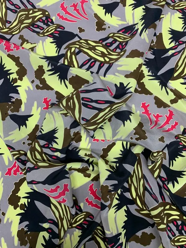 Abstract Floral Printed Silk Crepe de Chine - Grey / Yellow / Magenta / Black