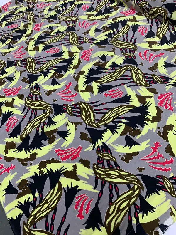 Abstract Floral Printed Silk Crepe de Chine - Grey / Yellow / Magenta / Black