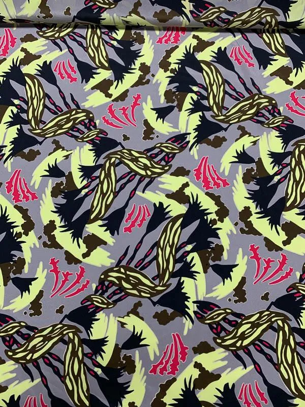 Abstract Floral Printed Silk Crepe de Chine - Grey / Yellow / Magenta / Black