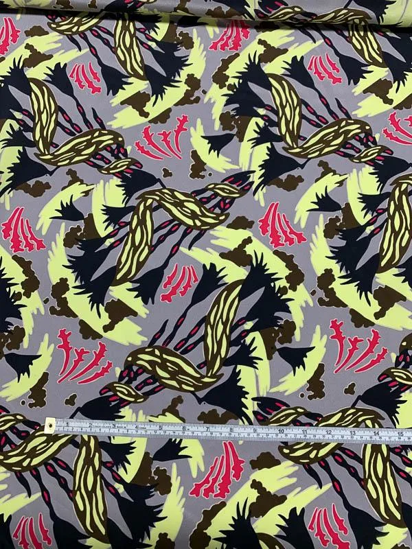 Abstract Floral Printed Silk Crepe de Chine - Grey / Yellow / Magenta / Black