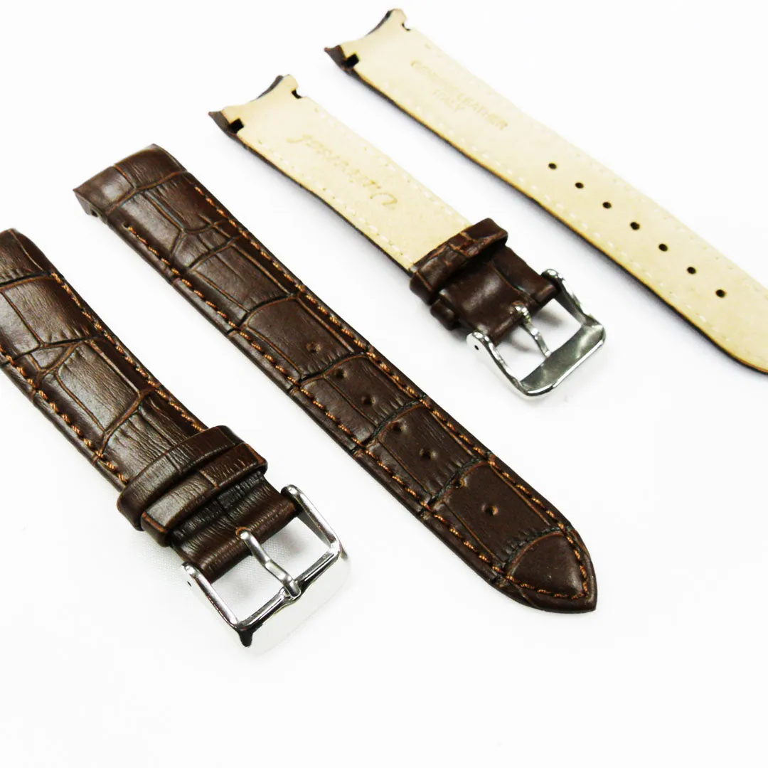 Alligator Curved Genuine Leather Watch Strap, 18MM, Brown Color, Padded, Brown Stitched, Regular Size, Silver Buckle, Watch Band Replacement