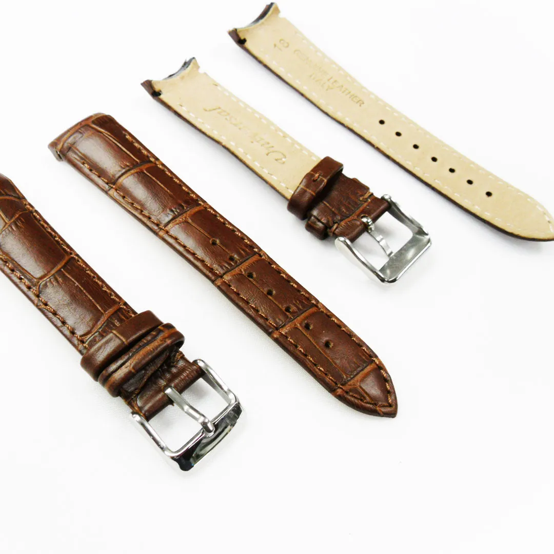 Alligator Curved Genuine Leather Watch Strap, 18MM, Brown Color, Padded, Brown Stitched, Regular Size, Silver Buckle, Watch Band Replacement