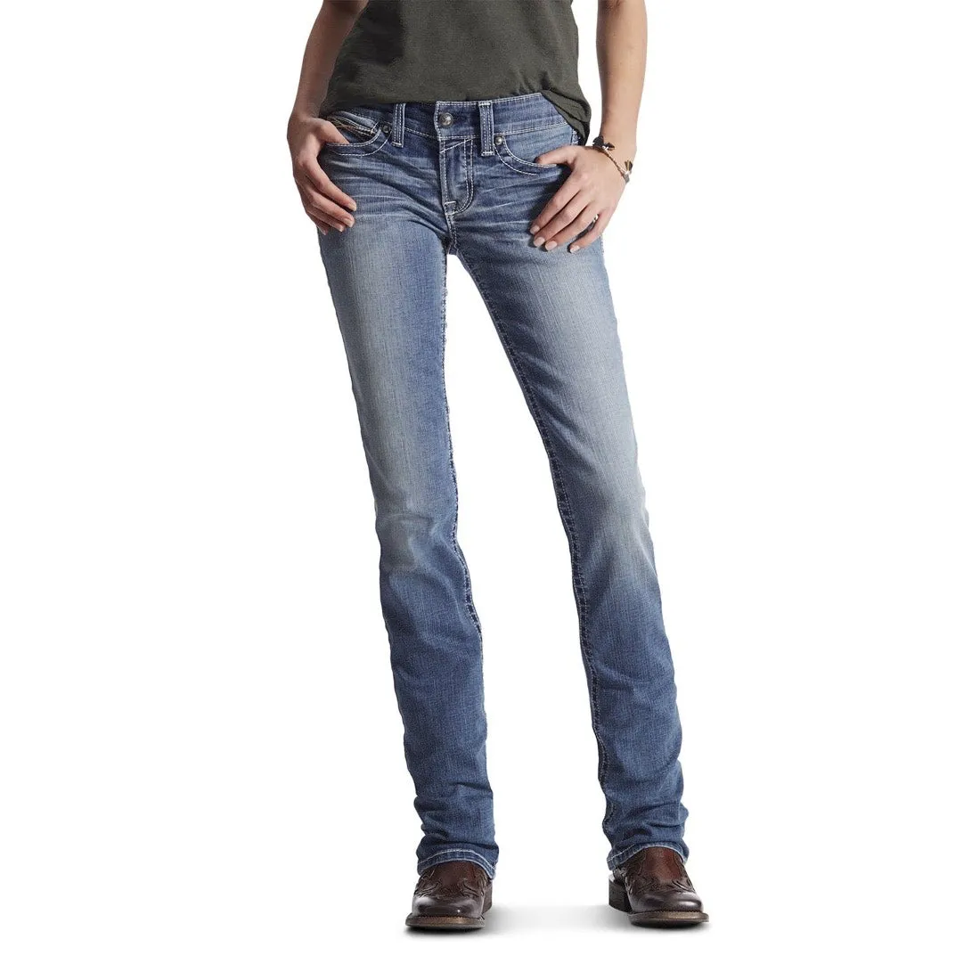 Ariat Women's R.E.A.L Mid Rise Straight Simple Stitch Jean Icon Rainstorm