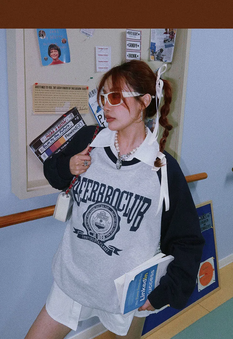 BEERBROCLUB Graphic Letter Print Patchwork Long Sleeve Sweatshirt