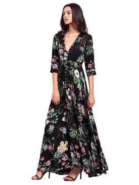 BerryBetty - Bohemia Floral Printed V Neck Maxi Dress