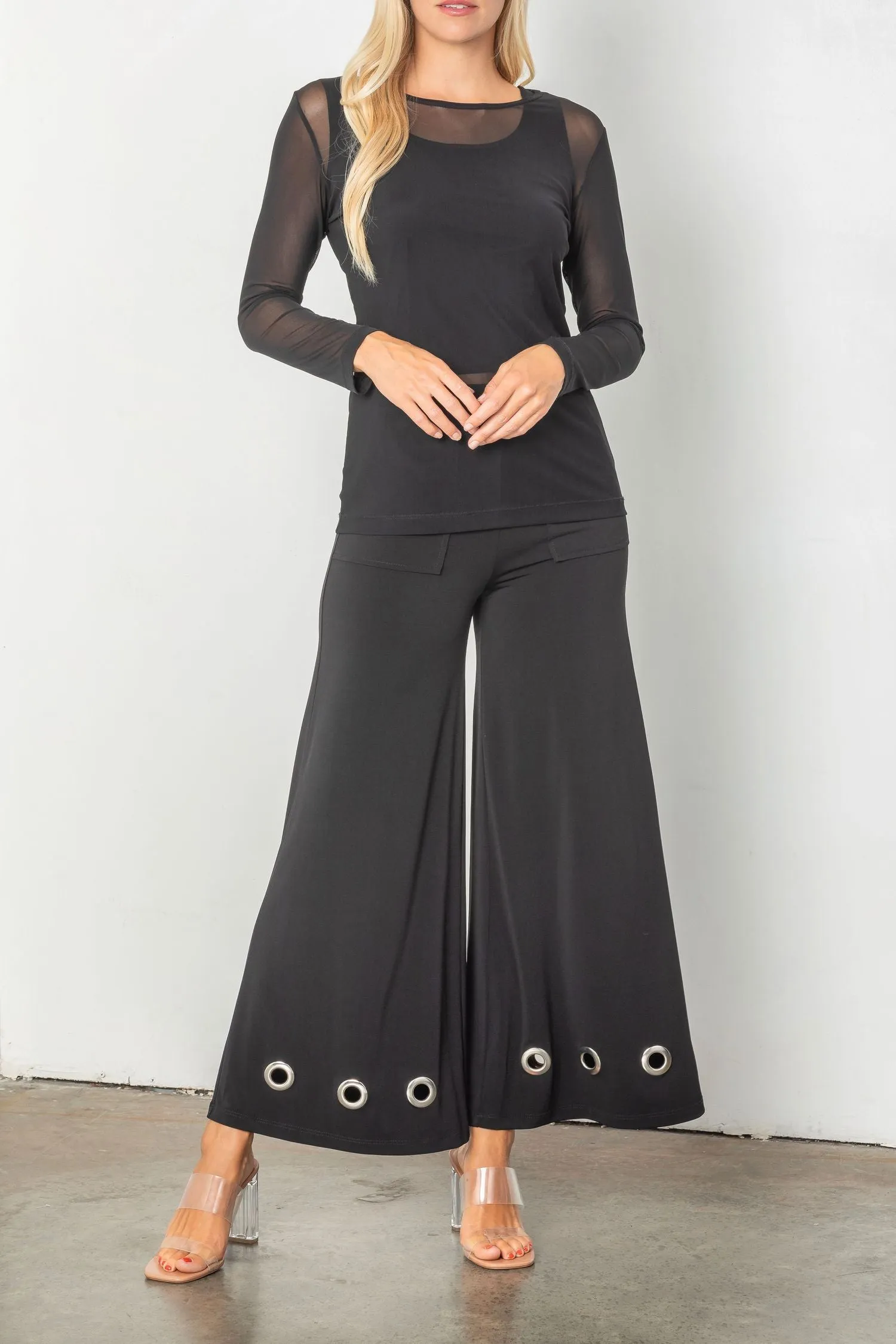 Black Wide Leg Grommet Hem Pants