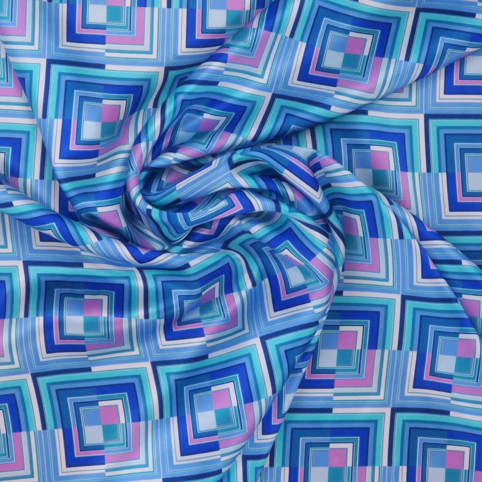 Blue and Aqua Modern Squares Printed Silk Charmeuse Fabric