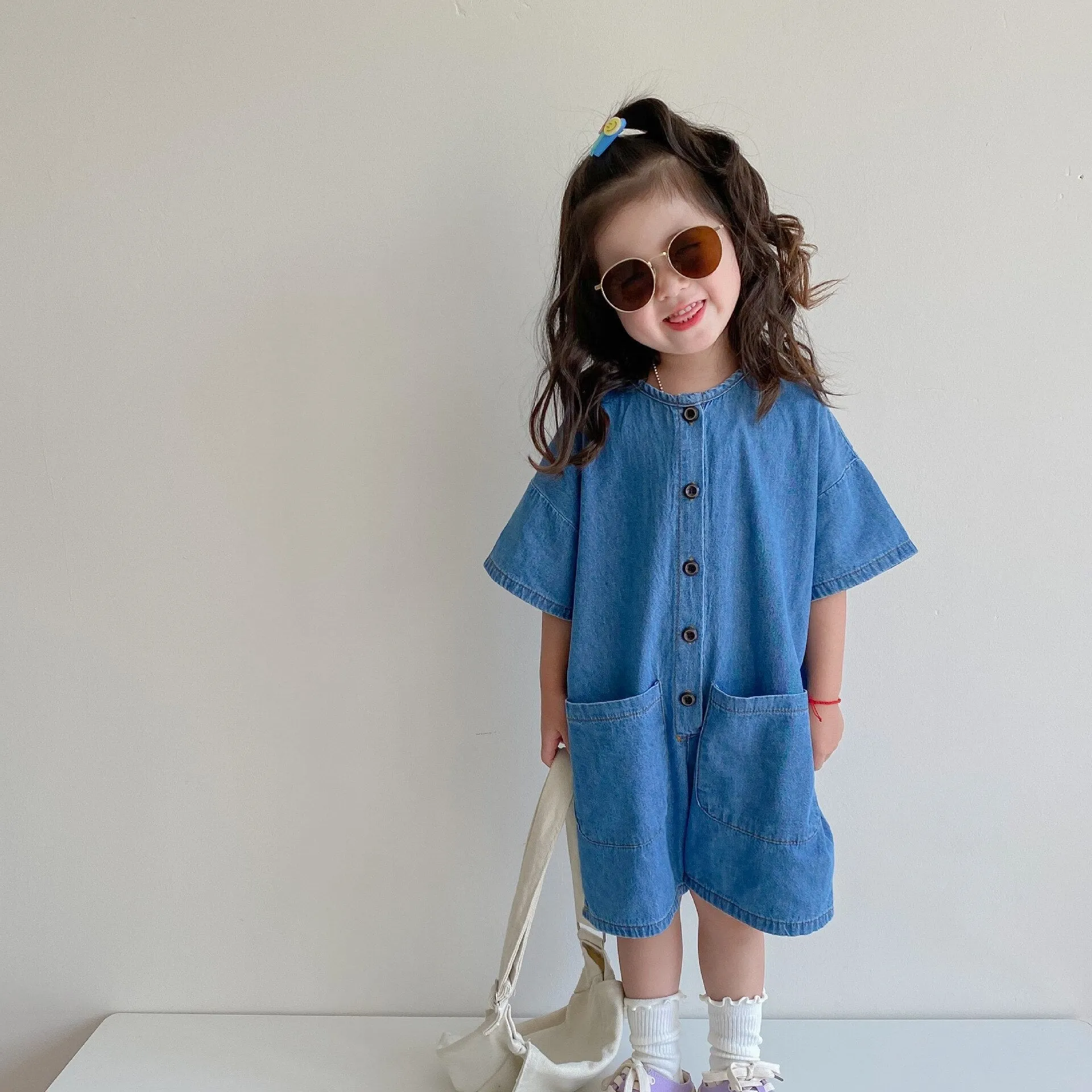 Blue Button Up Baggy Denim Jumpsuit for Girls