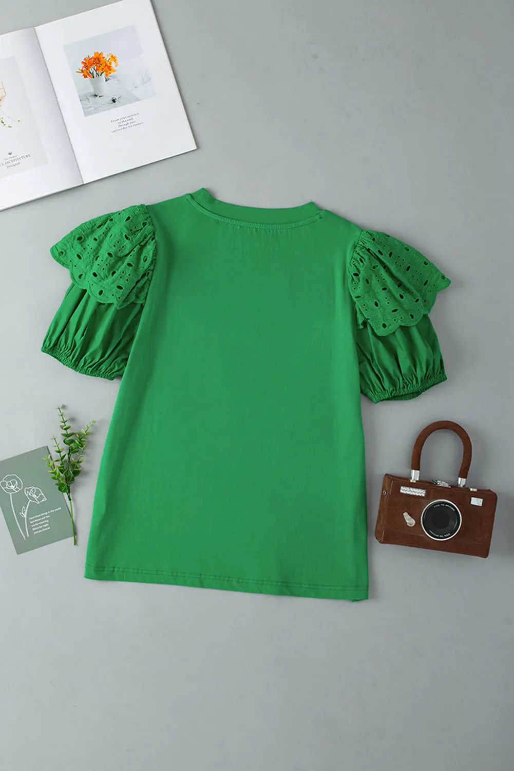 Bright Green Anglaise Embroidered Puff Short Sleeve Top