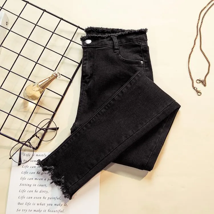 Denim Black Gray Blue Plus Velvet Fringe Jeans