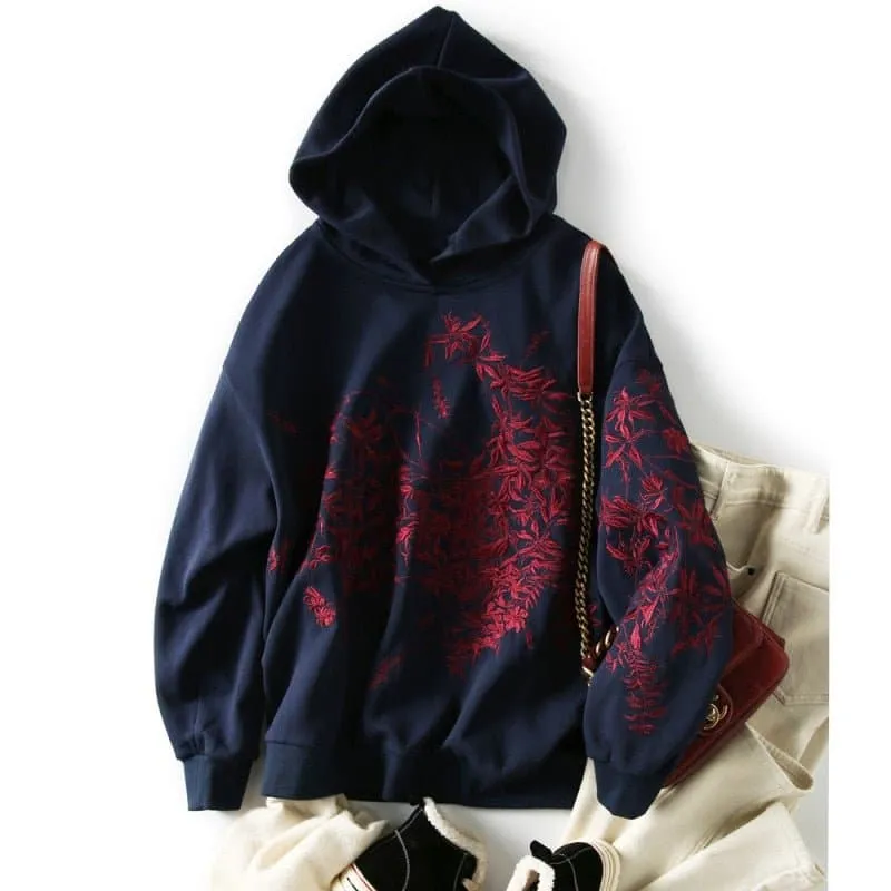 Embroidered Hoodie with Floral Pattern and O-Neck Collar - Cozy and Stylish Women's Sweatshirt