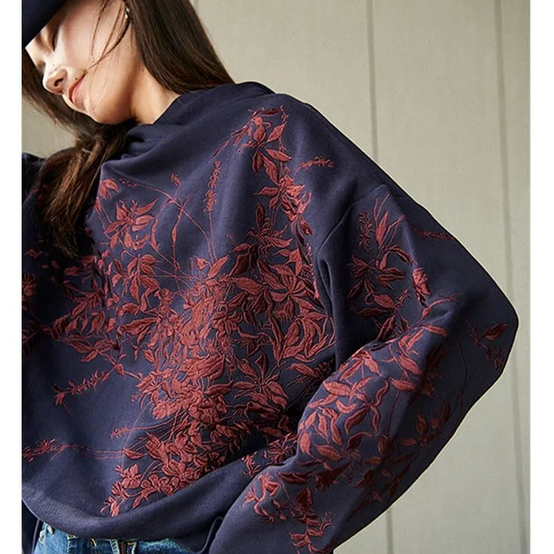 Embroidered Hoodie with Floral Pattern and O-Neck Collar - Cozy and Stylish Women's Sweatshirt