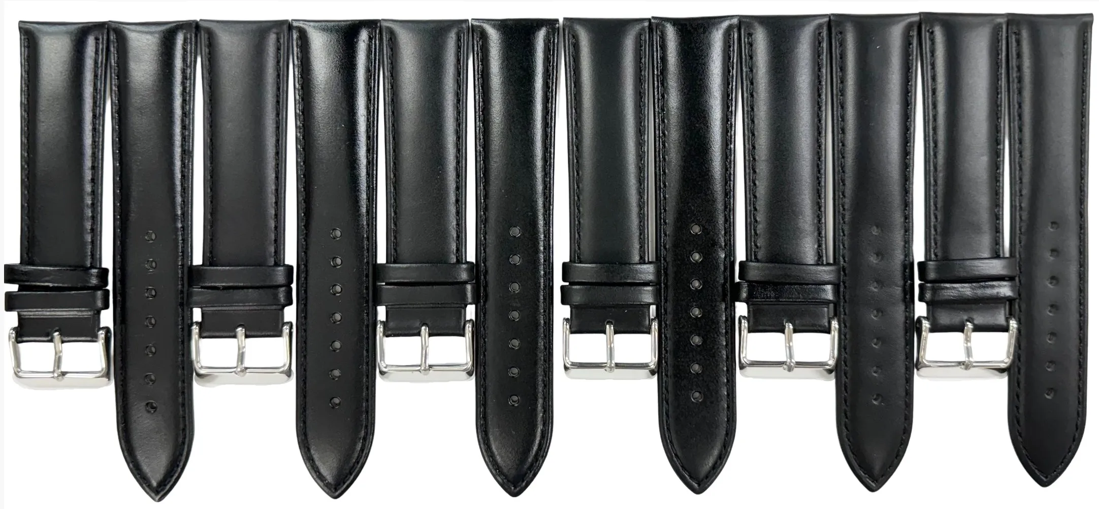 (Lot of 6) 22 MM Plain Black Padded Genuine Leather Watch Band, Stitches