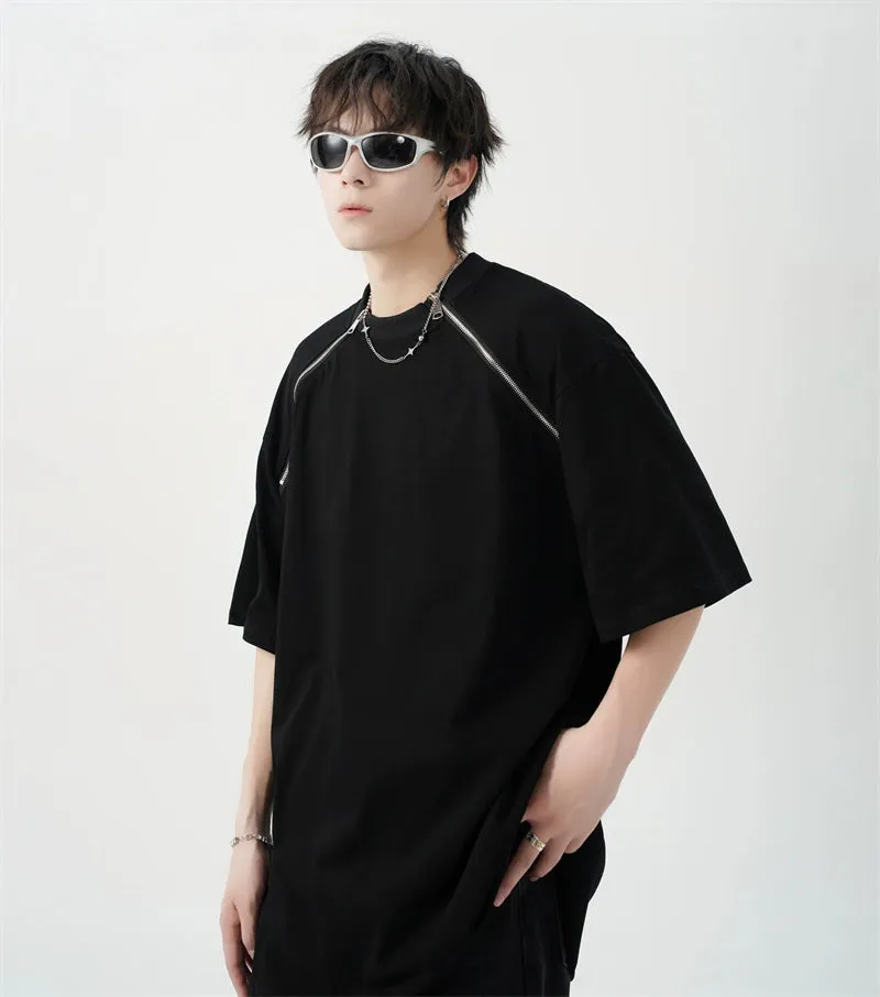 Oversized Black T-Shirt with Zipper Shoulder Detail