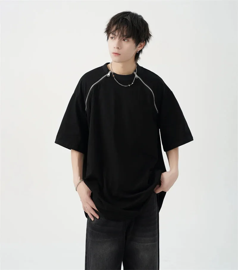 Oversized Black T-Shirt with Zipper Shoulder Detail