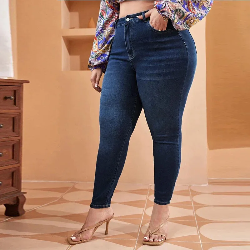 Plus Size High Stretch Mom Jeans | Elastic Denim, Classic Style