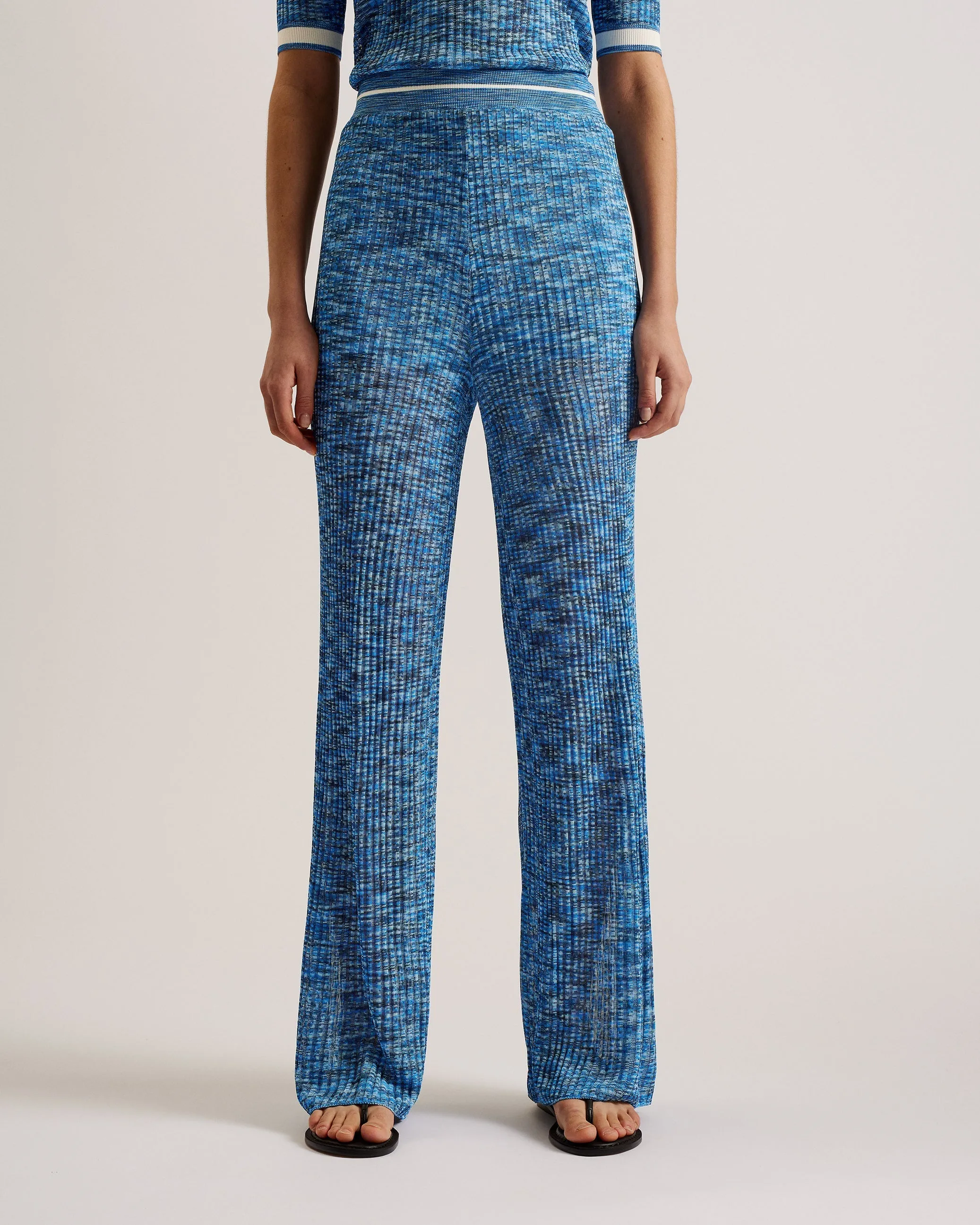 Yoana Wide Leg Ribbed Knit Trousers Blue